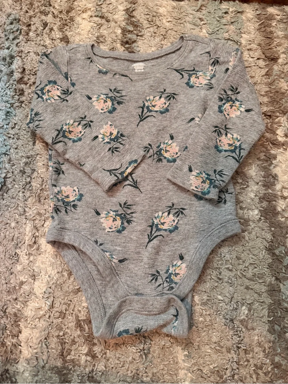 Old Navy Grey Floral Long-Sleeve Baby Bodysuit with Pink Accents